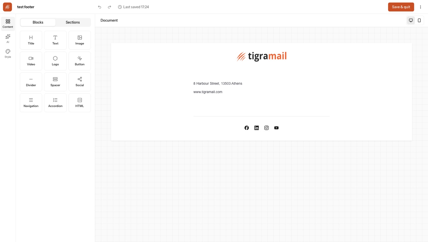 The Tigramail email editor: a block palette on the left with title, text, image, video, logo, button, divider, spacer, social, navigation, accordion and HTML blocks, and a branded email on the canvas.